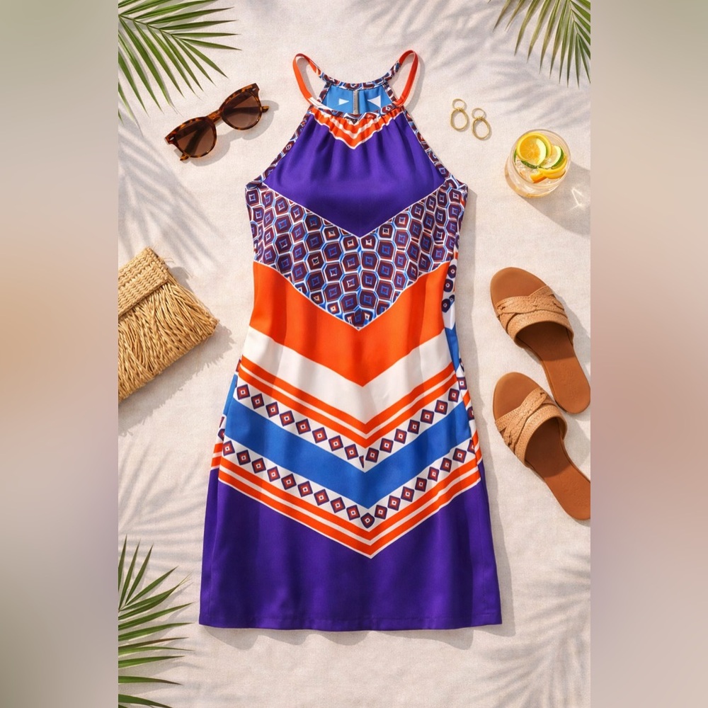 Banana Republic Geometric Halter Shift Dress Blue Orange Size 8 - Picture 3 of 13